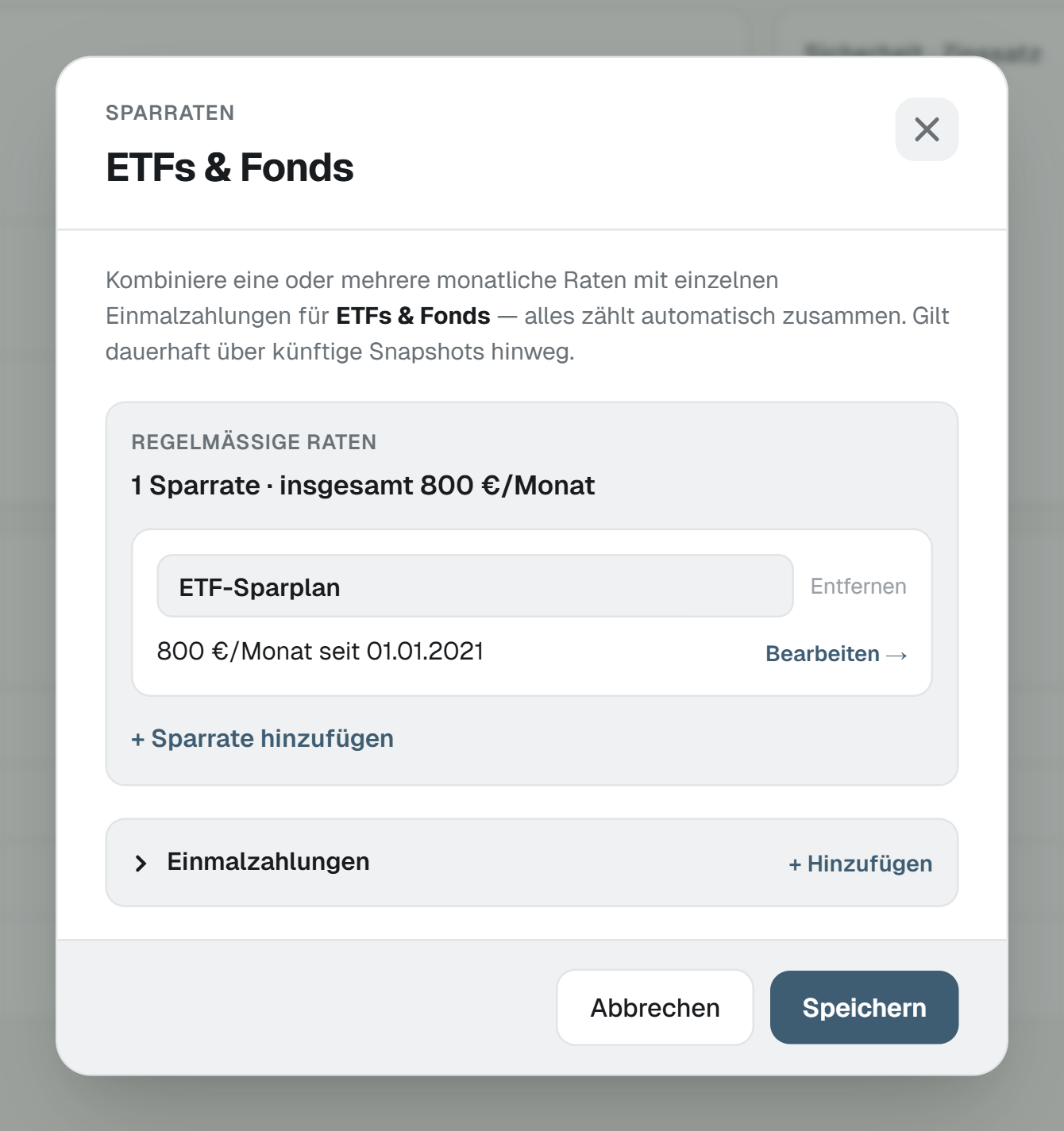 Sparplan eines Topfs: regelmäßige Raten oben, Einmalzahlungen darunter. (Beispieldaten)