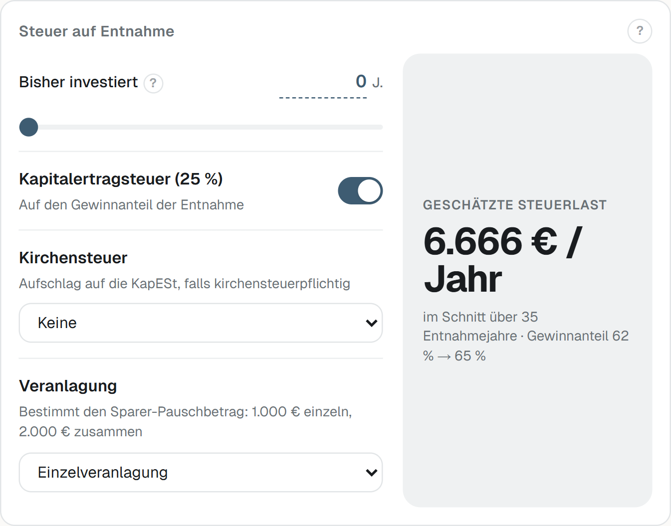 Kachel „Steuer auf Entnahme“ im FIRE-Rechner mit geschätzter Steuerlast. (Beispieldaten)