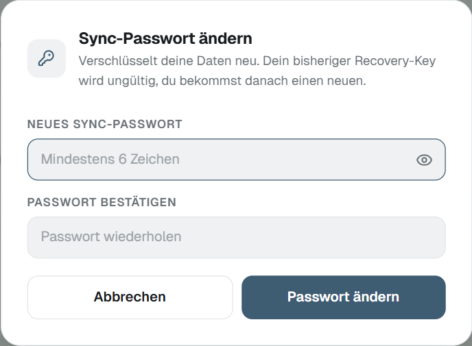 Dialog „Sync-Passwort ändern“ im Profil. (Beispieldaten)