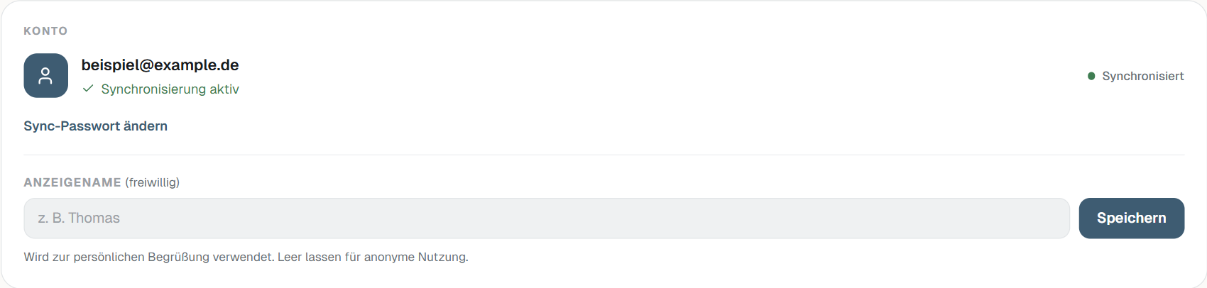 Konto-Karte im Profil mit dem Status „Synchronisierung aktiv“. (Beispieldaten)
