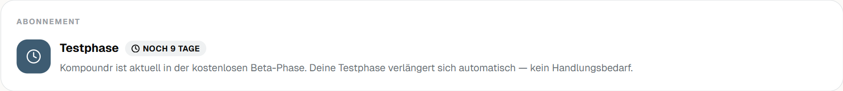 Testphase-Karte im Profil während der kostenlosen Beta-Phase. (Beispieldaten)