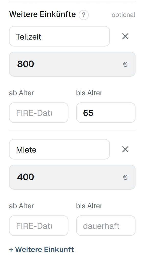 Weitere Einkünfte mit Zeitfenster: Ein leeres „ab Alter“ heißt ab dem FIRE-Datum. (Beispieldaten)